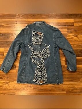 Distressed Back Denim Jacket - Dark Blue